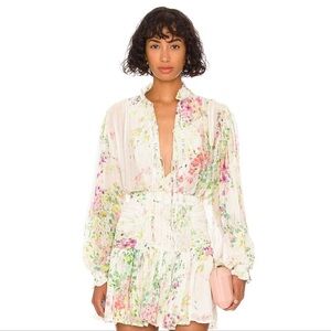 SABINA MUSAYEV Bazooka Puff Sleeve Tie Top In White Floral